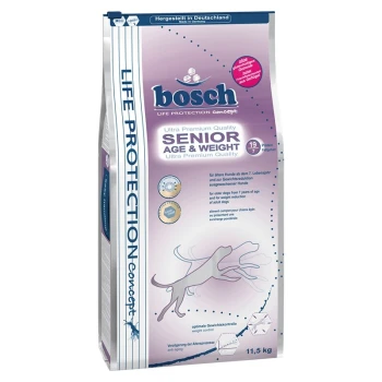 Bosch Ultra Premium Senior Hundefutterbeutel, 11,5 kg, mit einer Hundesilhouette und deutschem Text zur Gewichtskontrolle und Alterung.