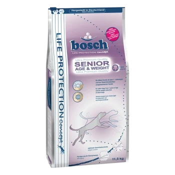 Bosch Ultra Premium Senior Hundefutterbeutel, 11,5 kg, mit einer Hundesilhouette und deutschem Text zur Gewichtskontrolle und Alterung.