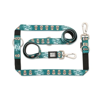 Türkisfarbenes Hundeleinen- und Halsband-Set mit Kaffeetasse und "Coffee Break"-Aufdruck, Metallverschlüssen und "Max & Molly"-Etikett.