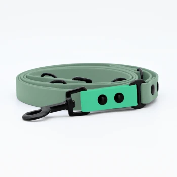 Biothane Hundeleine Sage Eine mintgrüne Hundeleine mit schwarzem Zubehör und Löchern zur Anpassung der Länge, ordentlich auf einem weißen Hintergrund aufgerollt.