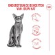 Portret van een kat met Nederlandse kop 'ONDERSTEUN DE BEHOEFTEN VAN JOUW KAT' en pictogrammen voor smaak, gewicht en urinewegen.