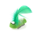 A playful green pet toy shaped like a bug, featuring large eyes, a feather plume, and black bristles for grooming.