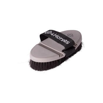 Eine Pferdebürste mit grauem Griff und schwarzen Borsten, ausgestattet mit einem schwarzen Riemen, der "4 Horses" beschriftet ist.
