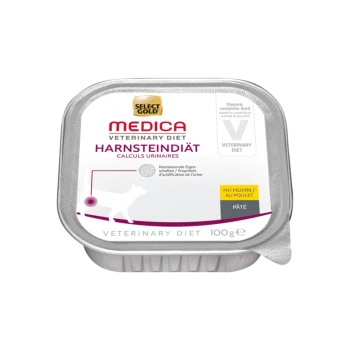 Diätetische Haustierfutterverpackung für Hunde, gekennzeichnet mit 'Select Gold Medica Harnsteindiät' für die Harnwegsgesundheit, mit einer 100g Pastete mit Huhn.