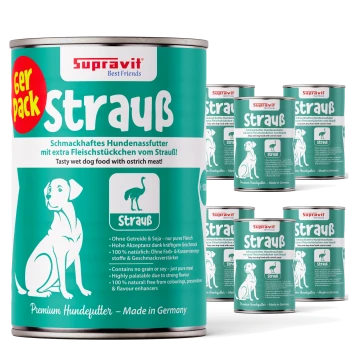 Dosen-Hundefutter mit der Bezeichnung "SupraVit Strauß", das Straußenfleisch enthält, mit einer Hundillustration und Text, der die Qualität und Vorteile hervorhebt.