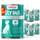 Dosen-Hundefutter mit der Bezeichnung "SupraVit Strauß", das Straußenfleisch enthält, mit einer Hundillustration und Text, der die Qualität und Vorteile hervorhebt.