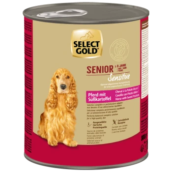 Dose Select Gold Senior Sensitive Hundefutter mit Golden Retriever Bild, Pferd mit Süßkartoffelgeschmack.