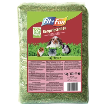 fit+fun Bergwiesenheu 5 kg Heusack für Kleintiere; Etikett '100% NATUR' und Bilder von Kaninchen, Meerschweinchen, Hamster, Chinchilla.