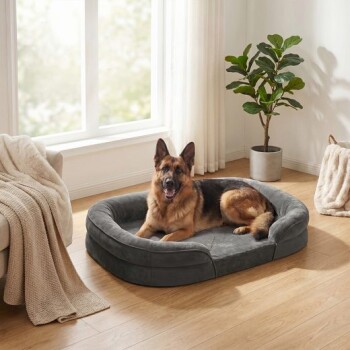 Deutscher Schäfer liegt in grauem Plüschhundebett auf Holzboden in einem hellen Wohnzimmer nahe Fenster und Zimmerpflanze