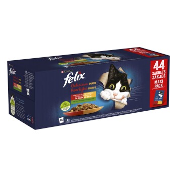 Boîte de nourriture pour chats Purina Felix, Maxi Pack 44 sachets, chat noir et blanc qui regarde et bol de pâtée.