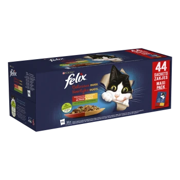 Purina Felix kattenvoerdoos, Maxi Pack 44 zakjes, zwart-witte kat die omkijkt en een kom natvoer