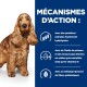 Un cocker spaniel doré se tient devant un fond bleu avec un texte sur la nutrition des animaux de compagnie, soulignant les protéines hydrolysées et les acides gras oméga.