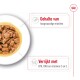 Kom met hondenvoer met stukjes vlees, met tekst die de hoge kwaliteit van eiwitten en verrijking met EPA, DHA en vitamines C en E benadrukt.