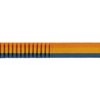Bunte Haustierleine mit horizontalen Streifen in Orange, Gelb und Blau, vor einem weißen Hintergrund präsentiert.