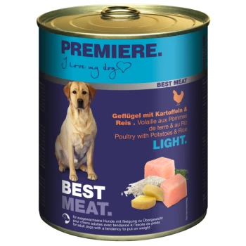 Dose Hundefutter beschriftet mit "Premiere. Best Meat." mit einem gelben Labrador, mit Text in Deutsch und Französisch, der "Geflügel mit Kartoffeln & Reis Light" besagt.