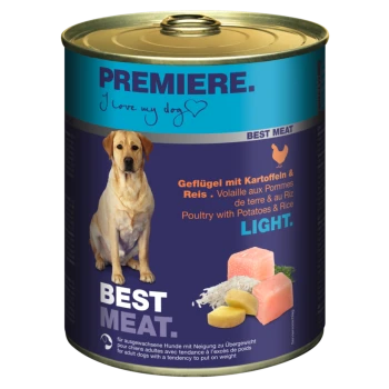 Dose Hundefutter beschriftet mit "Premiere. Best Meat." mit einem gelben Labrador, mit Text in Deutsch und Französisch, der "Geflügel mit Kartoffeln & Reis Light" besagt.