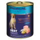 Dose Hundefutter beschriftet mit "Premiere. Best Meat." mit einem gelben Labrador, mit Text in Deutsch und Französisch, der "Geflügel mit Kartoffeln & Reis Light" besagt.