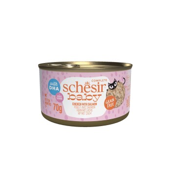 Schesir Baby kitten food can, chicken with salmon, 70g, grain free, with DHA and added taurine, for kittens 2+ months.