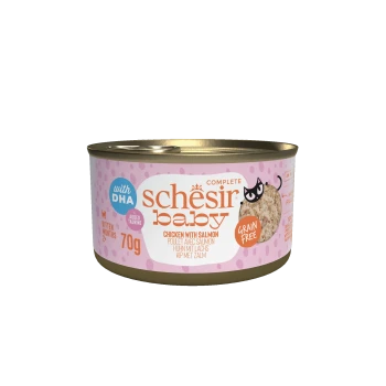 Schesir Baby kitten food can, chicken with salmon, 70g, grain free, with DHA and added taurine, for kittens 2+ months.