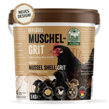 5 kg Eimer AniForte Geflügelmuschelschalen-Grit, beschriftet mit einem schwarzen Huhn und hebt mineralische Vorteile hervor.