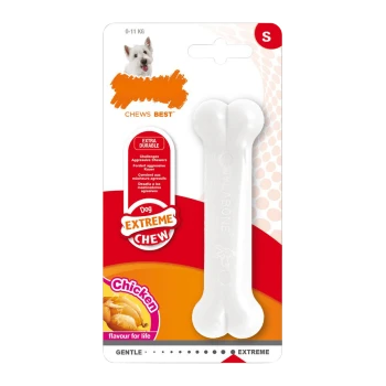 White dog chew toy shaped like a bone, labeled "Extreme Chew" for aggressive chewers, with chicken flavor.