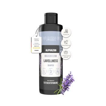Schwarze Flasche Alphazoo Lavellness Lavendelshampoo für Haustiere mit Lavendelblüten und deutschem Text auf dem Etikett.