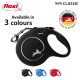 Black retractable dog leash with silver logo, available in black, blue, and red. Features "NEW CLASSIC" and "MADE IN GERMANY."