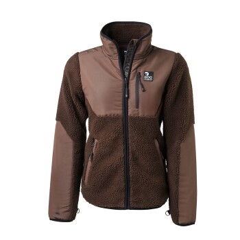 Braune Fleece- und Stoffjacke für Hunde, mit einem Reißverschluss vorne, zwei Seitentaschen und einem 'Dog Coach'-Logo auf der Brust.
