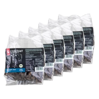 Sechs durchsichtige Beutel mit Liebesgut getrockneten Rindfleisch-Leckerlis (Bio‑Rinder Minis) mit schwarzen Etiketten, darauf „LIEBESGUT“ und „150 g“.