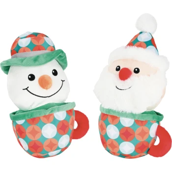Plüsch-Weihnachtsspielzeuge für Haustiere: lächelnder Schneemann- und Weihnachtsmannkopf in rot-grün gemusterten Bechern.