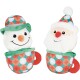Plüsch-Weihnachtsspielzeuge für Haustiere: lächelnder Schneemann- und Weihnachtsmannkopf in rot-grün gemusterten Bechern.