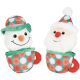 Jouets en peluche pour animaux sur le thème des fêtes : têtes souriantes de bonhomme de neige et du Père Noël dans des tasses au motif rouge et vert.