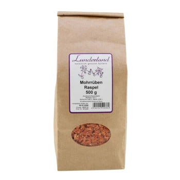 Braune Papiertüte von Lunderland 'Mohrüben Raspel' 500 g mit ovalem Sichtfenster, das geraspelte getrocknete Möhren zeigt.