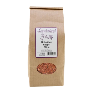 Braune Papiertüte von Lunderland 'Mohrüben Raspel' 500 g mit ovalem Sichtfenster, das geraspelte getrocknete Möhren zeigt.