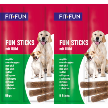 FIT+FUN "FUN STICKS mit Wild" dog treat pack showing two dogs, several stick treats and label "5 Sticks"