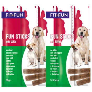 FIT+FUN "FUN STICKS mit Wild" dog treat pack showing two dogs, several stick treats and label "5 Sticks"