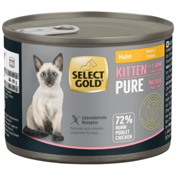 Select Gold Kitten Pure Hühnerpastete Katzenfutterdose mit Bild eines Siamkatzenkätzchens und Text zur 72% getreidefreien Hühnerformel.