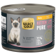 Puszka karmy dla kota Select Gold Kitten Pure z pasztetem z kurczaka, z obrazkiem kota syjamskiego i tekstem o formule bez zbóż z 72% kurczaka.