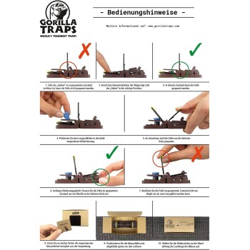 Anleitung zur Verwendung von Gorilla-Traps, mit Schritt-für-Schritt-Bildern, die den Aufbau der Falle und Sicherheitsvorkehrungen demonstrieren.