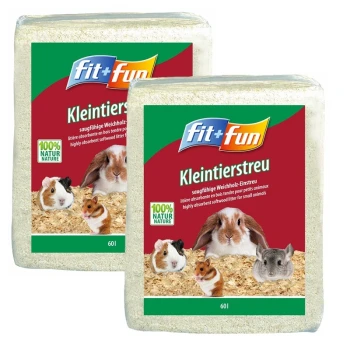 Twee zakken 'fit+fun Kleintierstreu' kleine dierenbedekking, met een konijn, cavia, hamster en chinchilla, gelabeld als 100% natuurlijk.