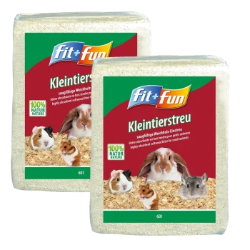 Deux sacs de 'fit+fun Kleintierstreu' literie pour petits animaux, présentant un lapin, un cochon d'Inde, un hamster et un chinchilla, étiquetés comme 100 % naturels.