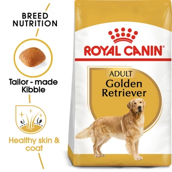 Royal Canin Adult Golden Retriever dog food bag, featuring tailored kibble for breed nutrition, promoting healthy skin and coat.
