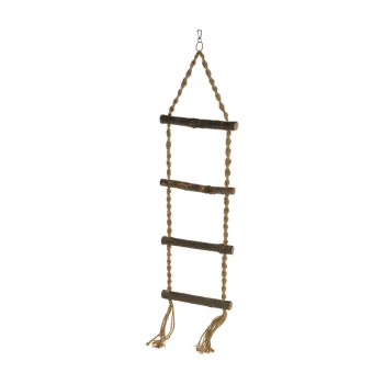 Hanging pet ladder made of wooden sticks and braided rope, designed for climbing and play.