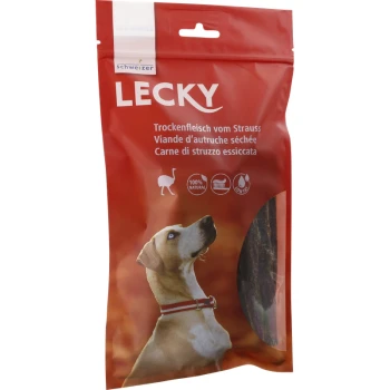Rote Verpackung für LECKY getrocknete Strauß-Hundeleckerlis, mit einem Hundesilhouette und dem Text "100% NATÜRLICH" in mehreren Sprachen.