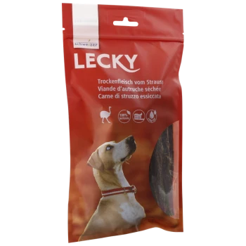Rote Verpackung für LECKY getrocknete Strauß-Hundeleckerlis, mit einem Hundesilhouette und dem Text "100% NATÜRLICH" in mehreren Sprachen.