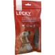 Rote Verpackung für LECKY getrocknete Strauß-Hundeleckerlis, mit einem Hundesilhouette und dem Text "100% NATÜRLICH" in mehreren Sprachen.