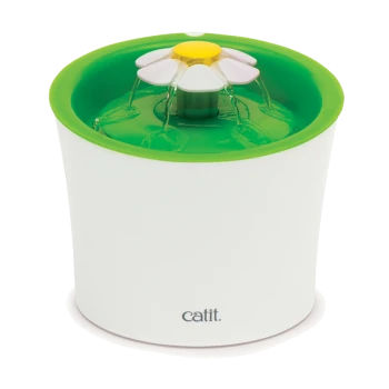 Eine grün-weiße Haustier-Wasserfontäne mit einer blumenförmigen Oberseite, mit fließendem Wasser und dem Markennamen "catit" auf der Vorderseite.