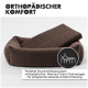 Orthopädisches Hundebett in Braun, mit dem Text: "Perfekte Druckverteilung dank orthopädischer Memory Foam-Technologie."