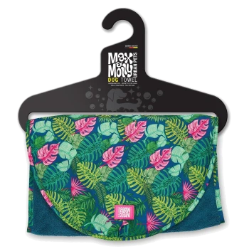 Max & Molly Hundetuch mit grünem und rosa tropischem Blattmuster an schwarzem Bügel mit Aufschrift 'Max & Molly Dog Towel'.