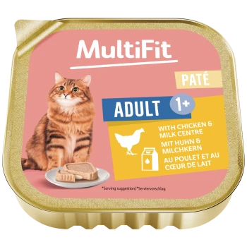 MultiFit cat pate tray showing orange tabby, plate of pate, 'ADULT 1+' label and 'with chicken & milk centre' text.